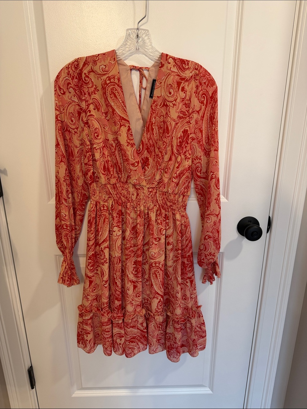 Paisley Long-Sleeve Smocked Waist Dress in coral tones